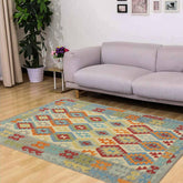 Flat Weave Kilim Antique Navaho Vintage handmade Geometric Kilim Beige Gray Hand-Woven Rectangle 100% Wool Area Rug 5x7